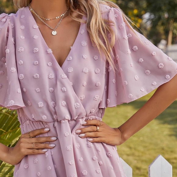 Bohemian Pink Swiss Dot Surplice Ruffle Dress - Picture 5 of 5